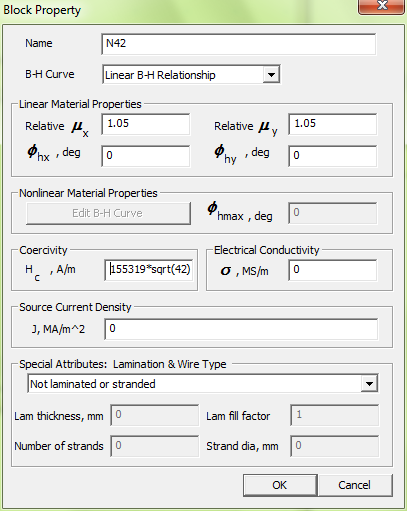 FEMM Material Properties Dialog Materials Dialog